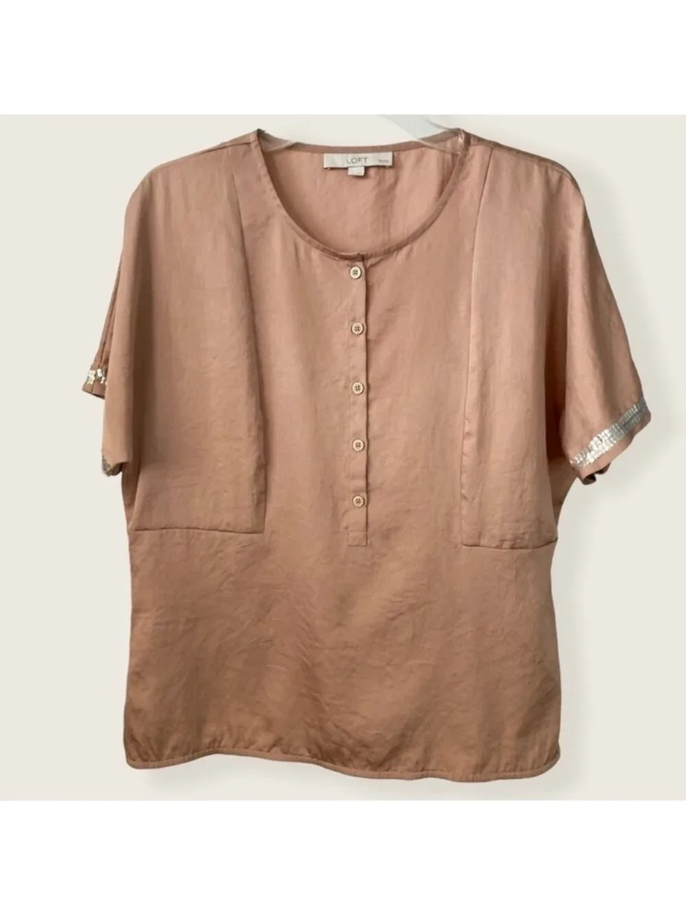 Short Sleeves Top Brown Tan Medium Petite Trendy Top - Picture 1 of 2